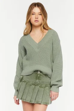 Pleated Drop-Waist Denim Mini Skirt
