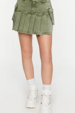 Pleated Drop-Waist Denim Mini Skirt