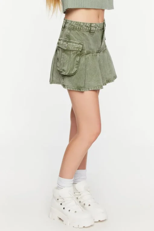 Pleated Drop-Waist Denim Mini Skirt