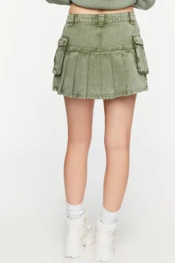 Pleated Drop-Waist Denim Mini Skirt