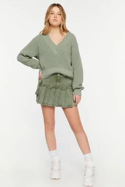 Pleated Drop-Waist Denim Mini Skirt