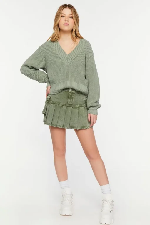 Pleated Drop-Waist Denim Mini Skirt