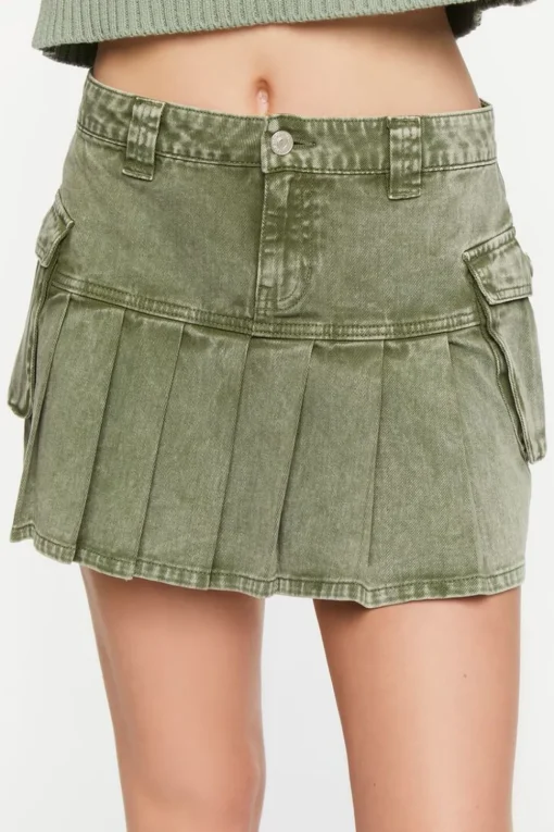 Pleated Drop-Waist Denim Mini Skirt