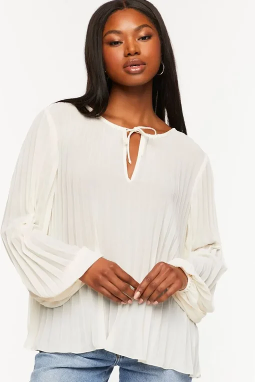 Pleated Peasant-Sleeve Top