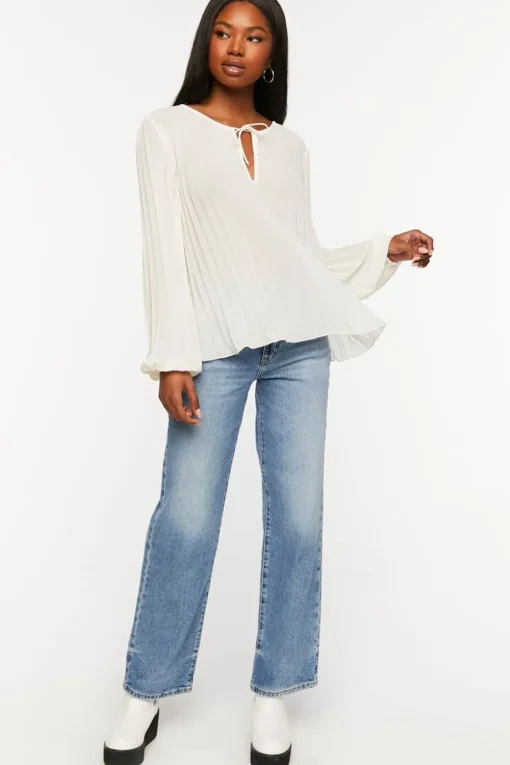 Pleated Peasant-Sleeve Top