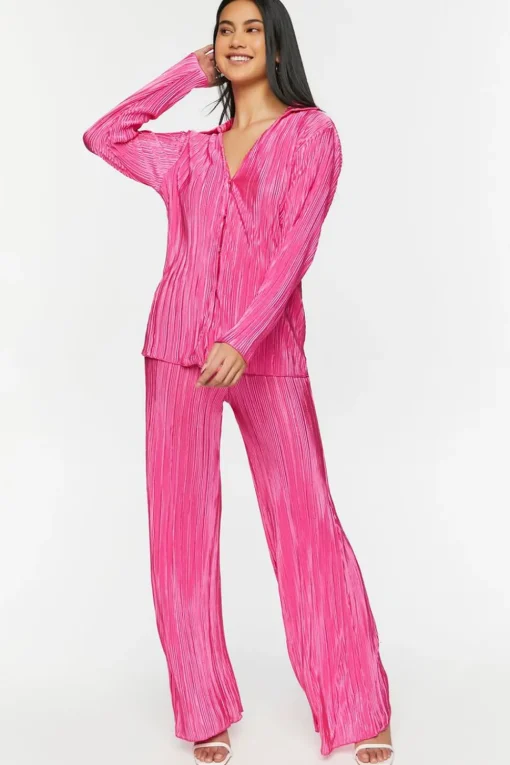 Plisse Lettuce-Edge Shirt & Pants Set