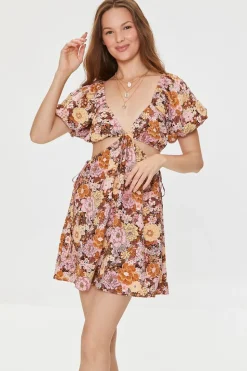 Plunging Floral Mini Dress