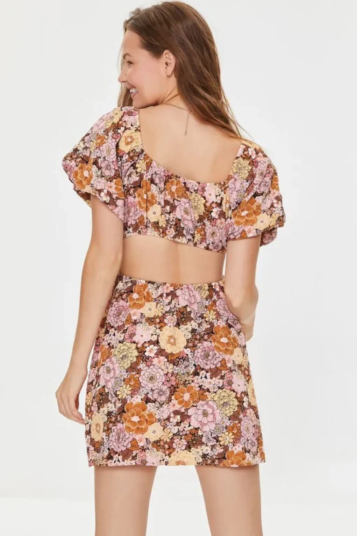 Plunging Floral Mini Dress