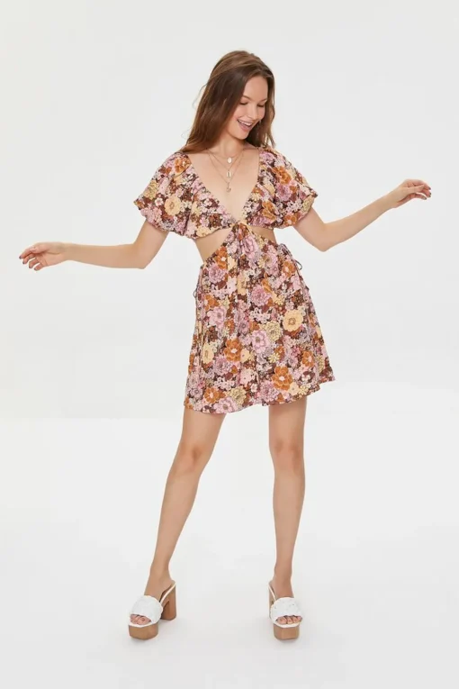 Plunging Floral Mini Dress