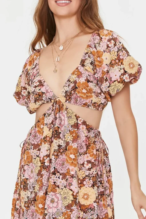 Plunging Floral Mini Dress
