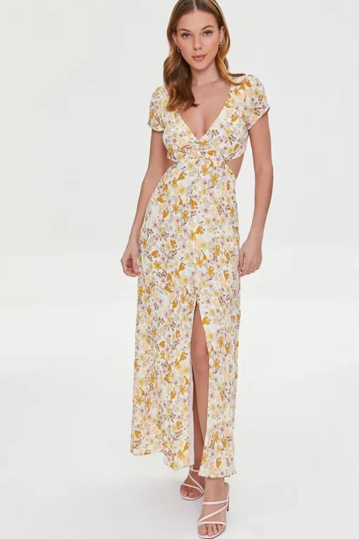 Plunging Floral Print Dress