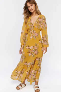 Plunging Floral Print Maxi Dress