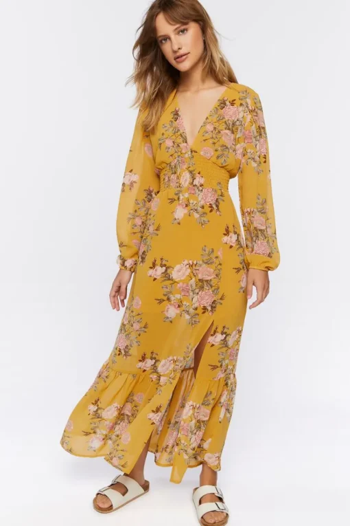 Plunging Floral Print Maxi Dress