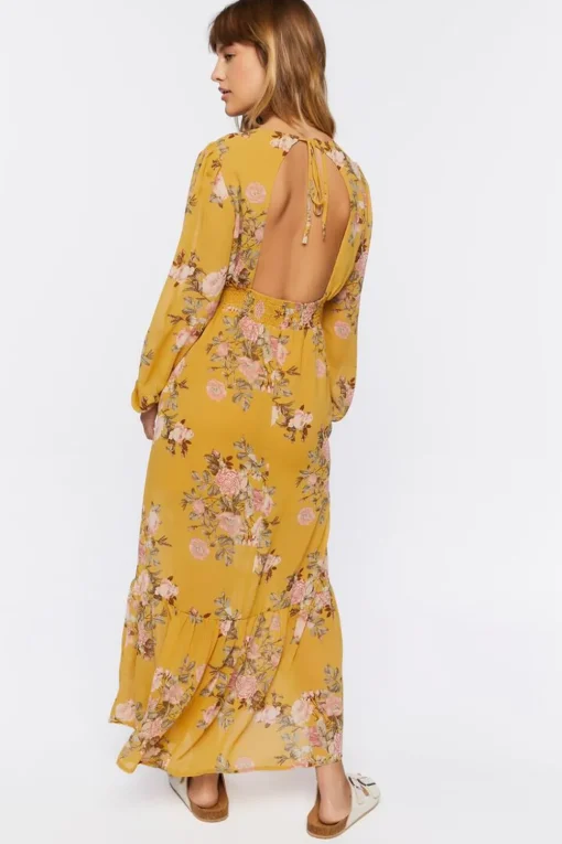 Plunging Floral Print Maxi Dress