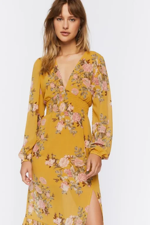 Plunging Floral Print Maxi Dress