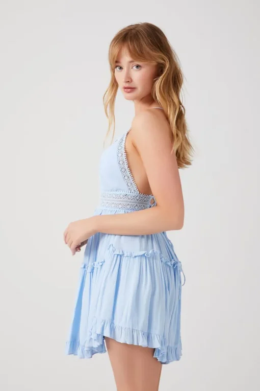 Plunging Lace-Back Ruffled Dress