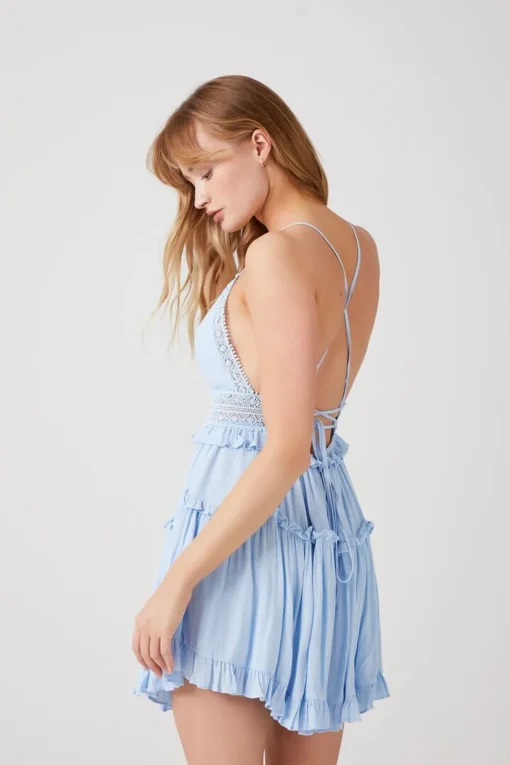 Plunging Lace-Back Ruffled Dress