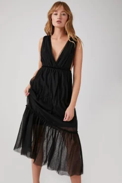 Plunging Mesh Midi Dress