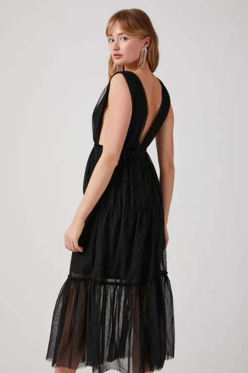 Plunging Mesh Midi Dress