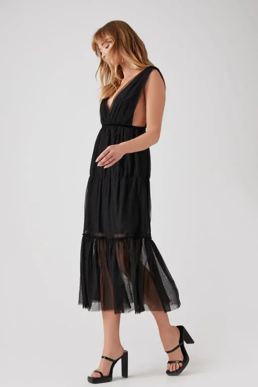 Plunging Mesh Midi Dress
