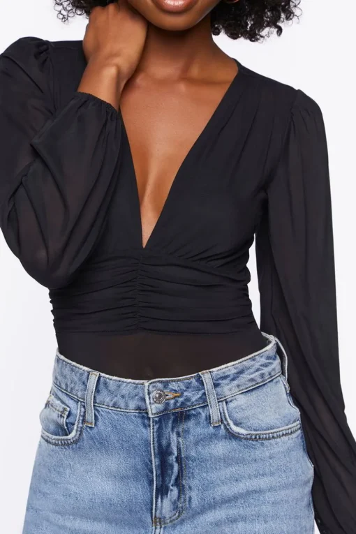 Plunging Peasant Sleeve Bodysuit