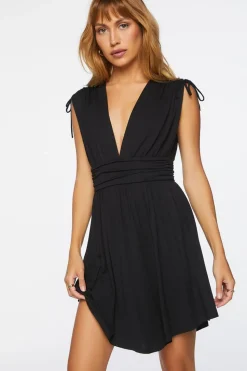 Plunging Ruched Mini Dress