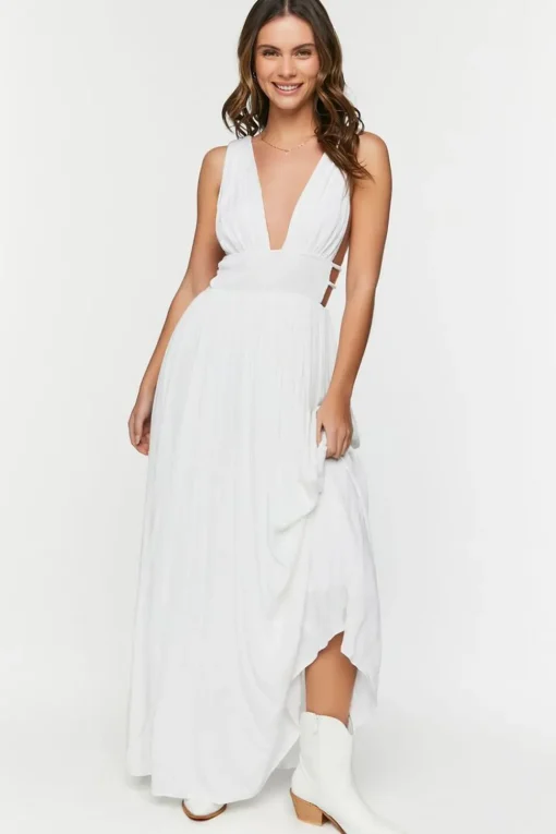 Plunging Smocked Maxi Dress