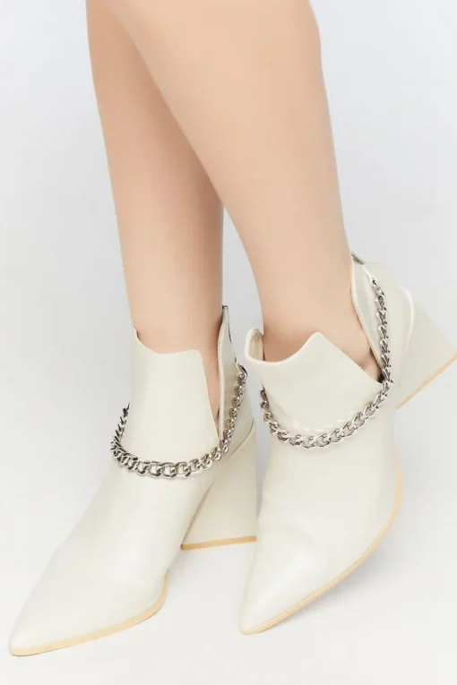 Pointed Curb Chain Flare Heel Booties