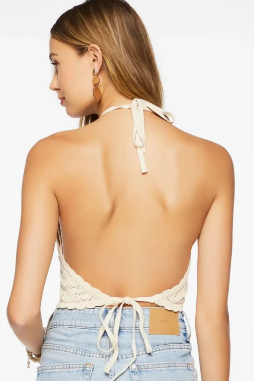 Pointelle Knit Cropped Halter Top