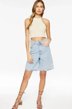 Pointelle Knit Cropped Halter Top
