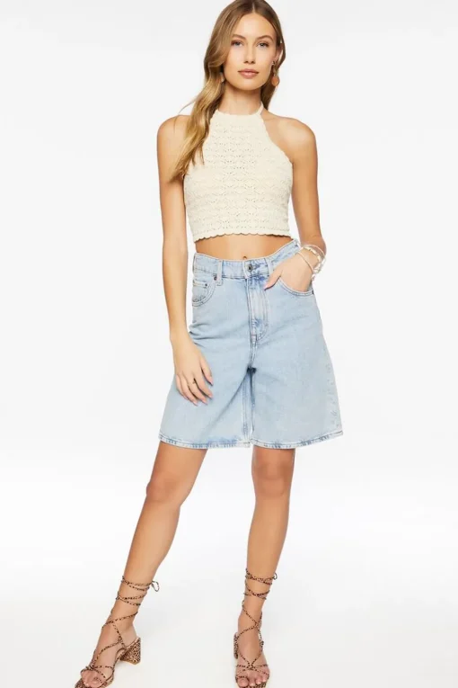 Pointelle Knit Cropped Halter Top