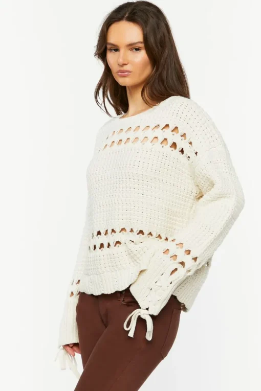 Pointelle Lace-Up Cutout Sweater