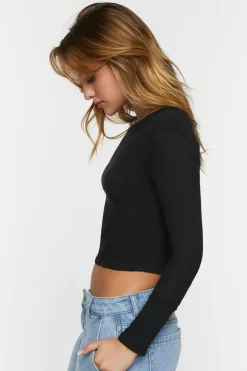 Pointelle Long-Sleeve Crop Top
