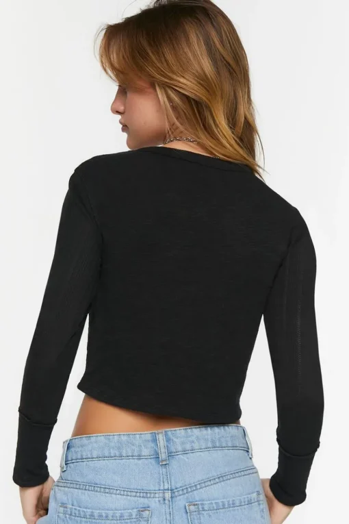 Pointelle Long-Sleeve Crop Top