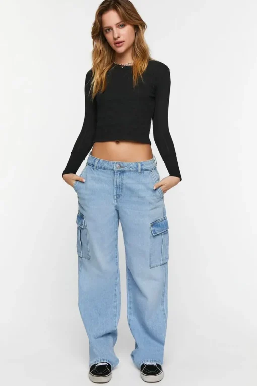 Pointelle Long-Sleeve Crop Top