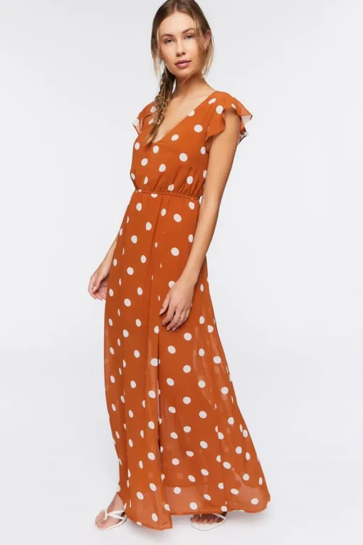 Polka Dot Butterfly-Sleeve Maxi Dress