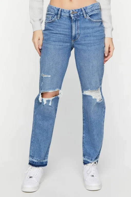 Recycled Cotton Distressed Straight-Leg Jeans