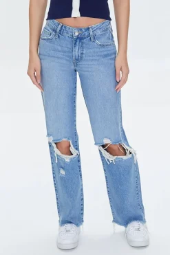 Recycled Cotton Distressed Straight-Leg Jeans