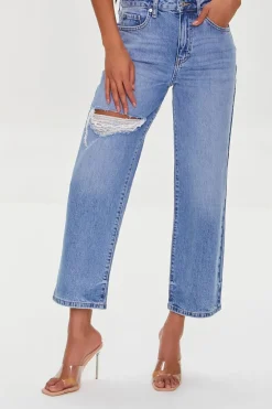 Recycled Cotton Distressed Straight-Leg Jeans