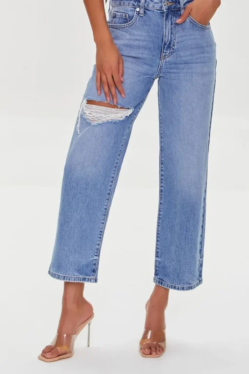 Recycled Cotton Distressed Straight-Leg Jeans