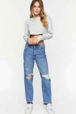Recycled Cotton Distressed Straight-Leg Jeans