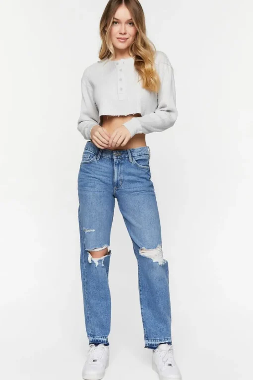 Recycled Cotton Distressed Straight-Leg Jeans