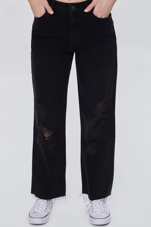 Recycled Cotton Frayed Mid-Rise Baggy Jeans