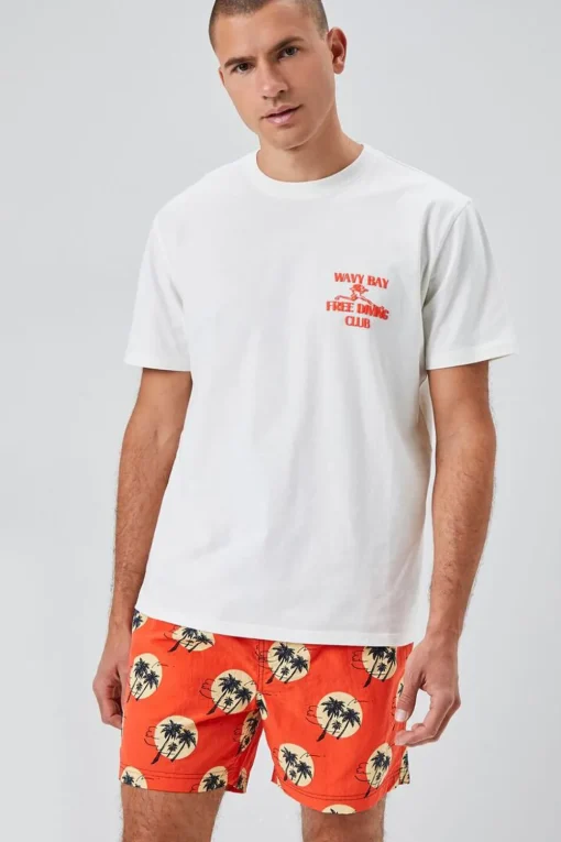 Recycled Nylon Palm Tree Print Swim Trunks