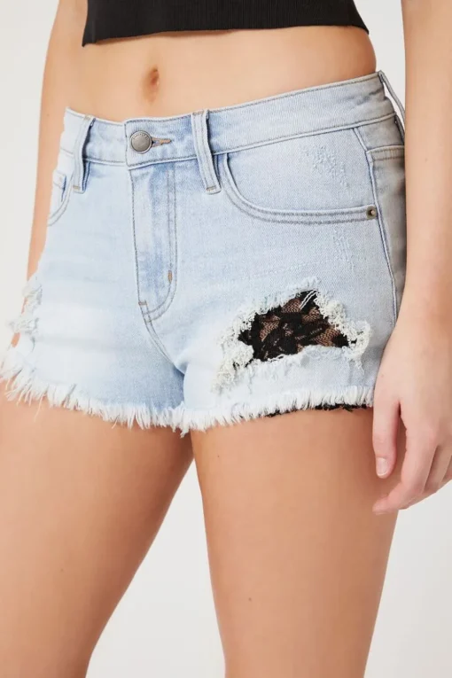 Retro High-Rise Lace Denim Shorts
