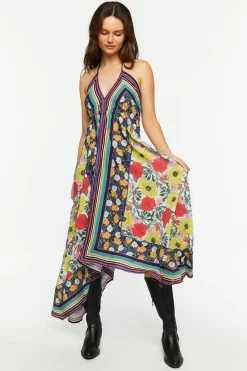Reworked Floral Striped Halter Midi Dress