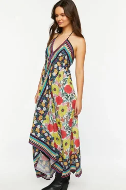 Reworked Floral Striped Halter Midi Dress