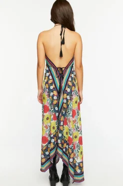 Reworked Floral Striped Halter Midi Dress