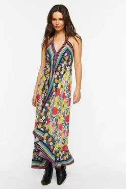 Reworked Floral Striped Halter Midi Dress
