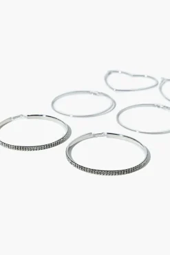 Rhinestone & Heart Hoop Earring Set